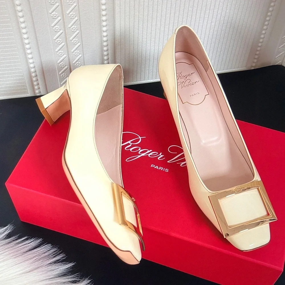 Roger Vivier Cream Square Buckle Mid Heel Pumps
